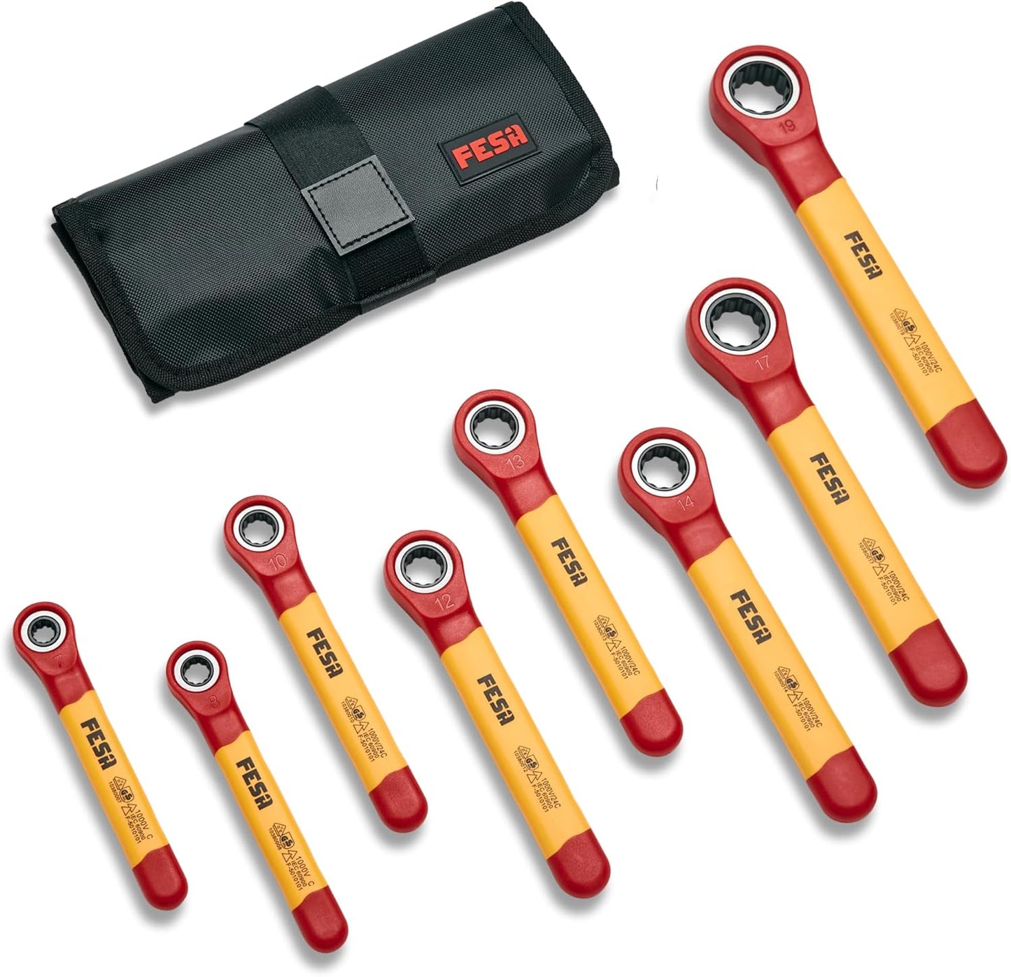FESA Insulated Ratchet Wrench Set - 8-Piece 1000V Box Wrench Set with Storage Pouch - Metric Insulated Wrenches Included in This Electrician Tool Set 7mm, 8mm, 10mm, 12mm, 13mm, 14mm, 17mm, 19 mm
