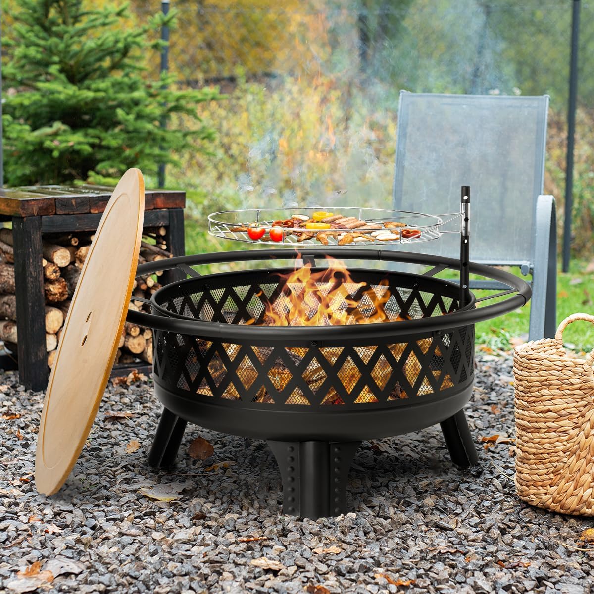 Panovue 38 Inch Wood Burning Fire Pit for Outside, Round Firepit with Grill & Metal Lid, Metal Outdoor Fire Pit Table for Patio Backyard Garden Bonfire Party