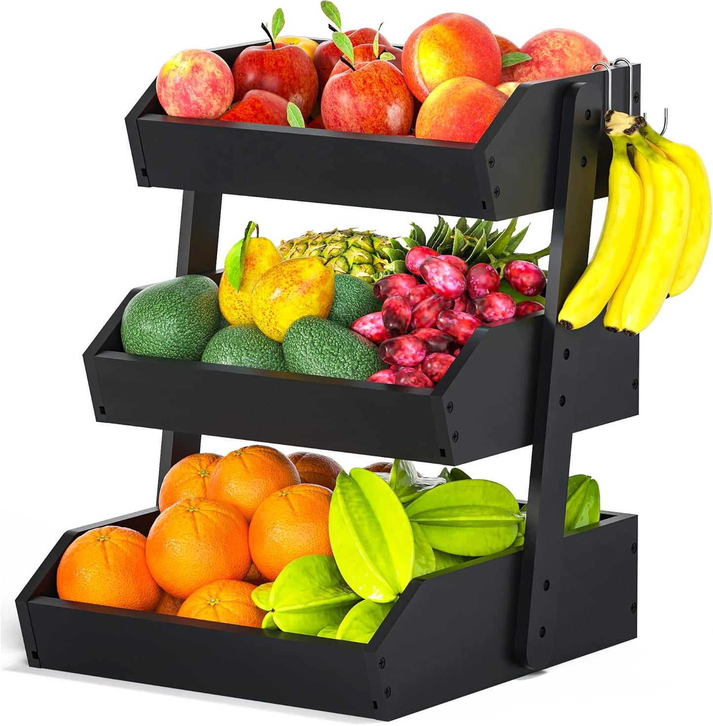 Gmtsl Bamboo Fruit Basket for Kitchen \u2013 3 Tier Fruit Bowl For Kitchen Counter, Large Fruit Holder With 2 Banana Hangers, Idea For Fruit and Vegetable Storage, Bread Basket, Snack Organizer(BLACK)