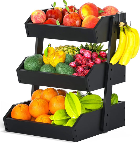 Gmtsl Bamboo Fruit Basket for Kitchen \u2013 3 Tier Fruit Bowl For Kitchen Counter, Large Fruit Holder With 2 Banana Hangers, Idea For Fruit and Vegetable Storage, Bread Basket, Snack Organizer(BLACK)