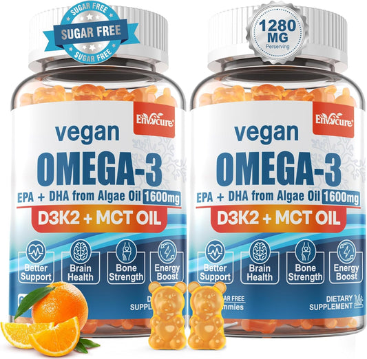 Vegan Omega 3 Gummies 1280mg + Vitamin D3 K2 (MK7), Omega 3 Fish Oil Alternative for Adults, w\/Algae EPA 600mg & DHA 400mg, MCT Oil - No Fish Taste - for Brain, Eye, Immune Health, Sugar Free, 2 Pack