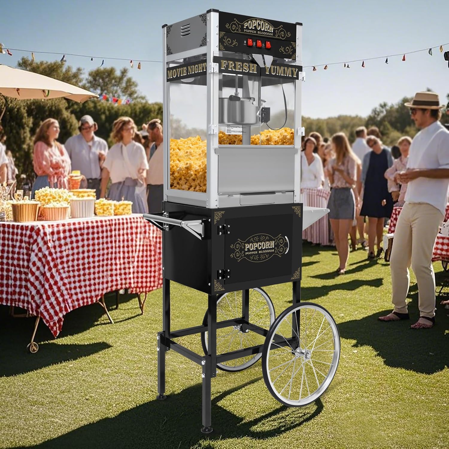 Popcorn Maker with 20 oz Kettle, Popcorn Cart, with Stainless Steel Kettle, Holding Light and Accessories Commercial Popcorn Maker,for Home Gatherings, Parties, Commercial and Movie Theaters - Black