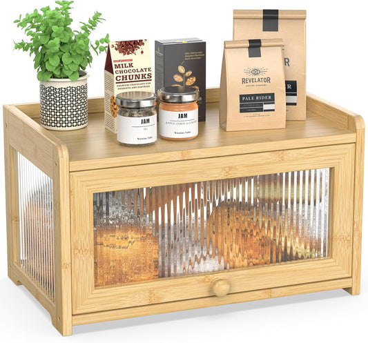 BAMBANG Extra Large Bamboo Bread Box for Kitchen Counter, Bread Storage Container Farmhouse Bread Box with 4 Sides Transparency, Wooden Breadbox Bread Bin Holder for Homemade Bread, Natural