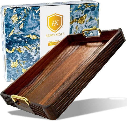 Acacia Wood Serving Tray with Metal Handles\u202F\u2013 17x12in Rustic Decorative Ottoman & Coffee Table Tray for Breakfast in Bed, Dinner, Bar, Kitchen, Home Décor & Entertaining