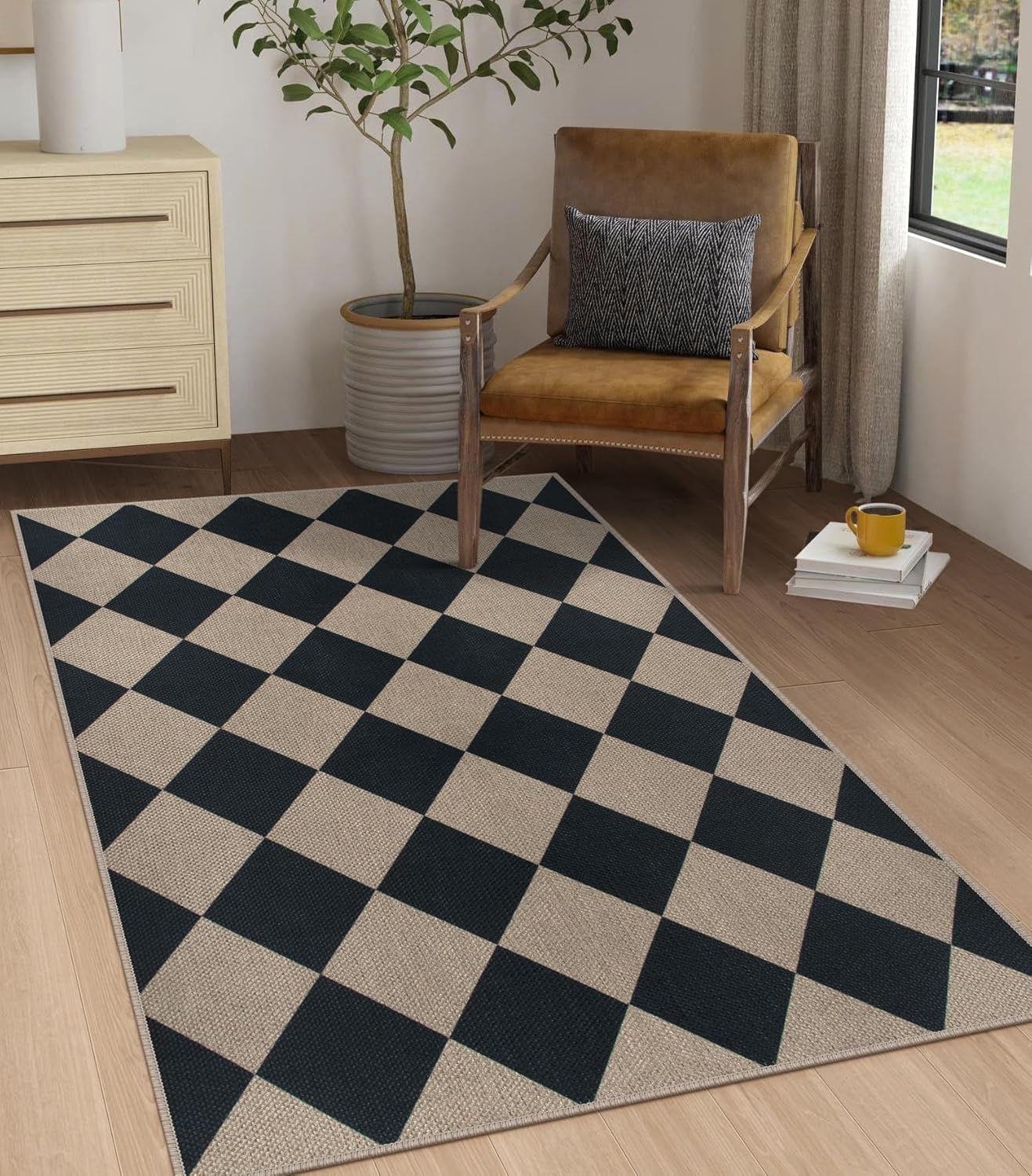 Rugalia Easy Jute Checkered Area Rug, 3x5 Indoor Outdoor Entryway Rug Washable Black Modern Diamond Kitchen Rugs, Non-Slip Neutral Farmhouse Throw Carpet for Living Room Patio Kids Room