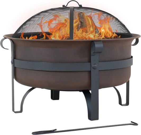 Sunnydaze 29-Inch Wood-Burning Outdoor Fire Pit - Bronze Cauldron Wood Fire Pit for Outside - Includes Poker and Spark Screen