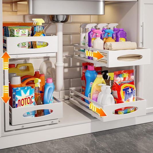 mixeshop Under Sink Organizer, 2 Tier Under Sink Organizers and Storage, Adjustable Height, Slide out Metal Cabinet Organizers, Pull out Cabinet Storage Drawer Shelf for Kitchen Bathroom White, 2 Pack
