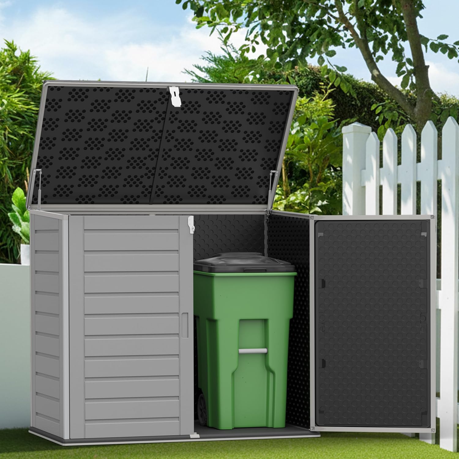 Outdoor Trash Can Storage Shed 4.6 x 4.1 FT, 304 Gallon Resin Shed with Lockable Doors & Lift Lid, Waterproof Outdoor Storage for Garden Tools, Cushions and Patio Equipment (Gary)