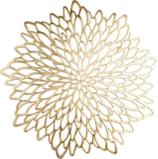 Snowkingdom Pack of 18 Gold Metallic Round Placemats Bulk Round Pressed Vinyl Leaf Dinning Kitchen Table Mats Decoration for Christmas Wedding Thanksgiving Party
