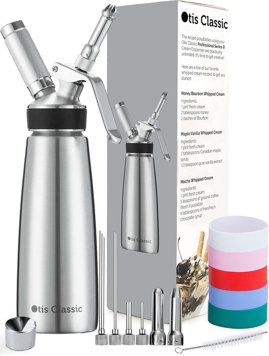 Otis Classic 304 Stainless Steel Whipped Cream Dispenser, 500ml w/ 3 Decorating Nozzles 4 Injector Tips and 6 Colored Grips - Commercial Grade Quality Made of Food Grade Stainless Steel for Home Chef