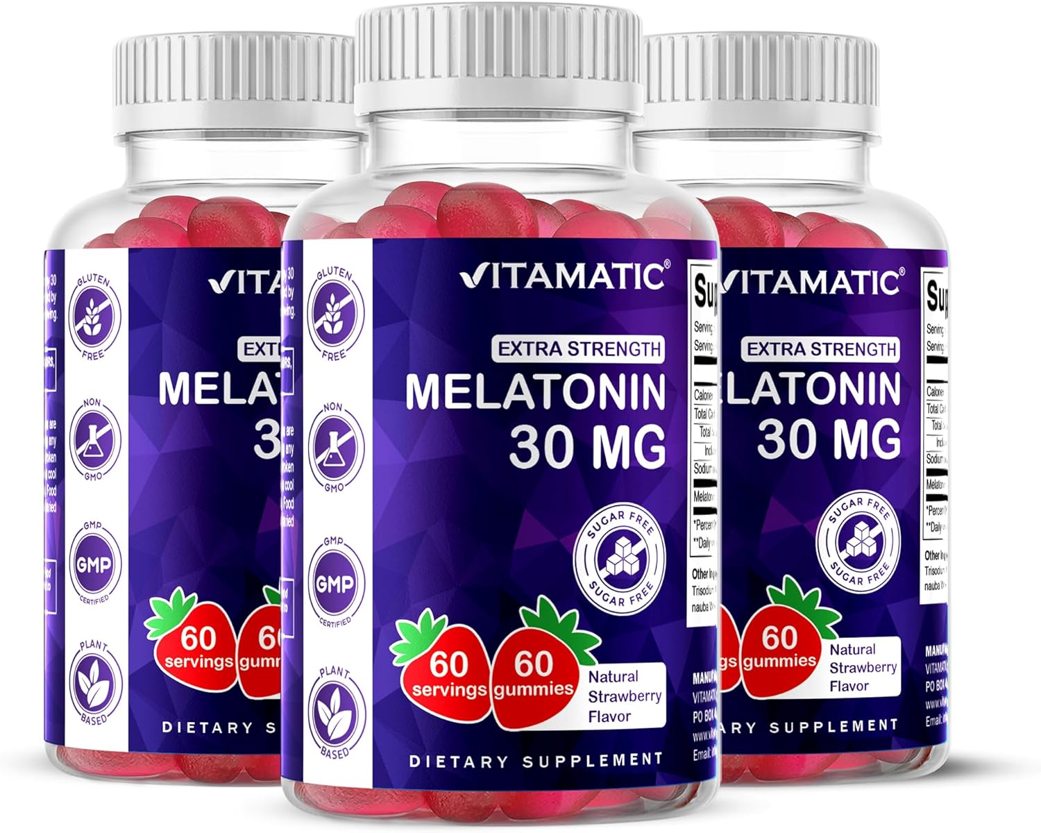 Vitamatic Sugar Free Melatonin 30mg per Gummy - 60 Servings - 60 Vegetarian Gummies - Non-Habit Forming Supplement (60 Count (Pack of 3))