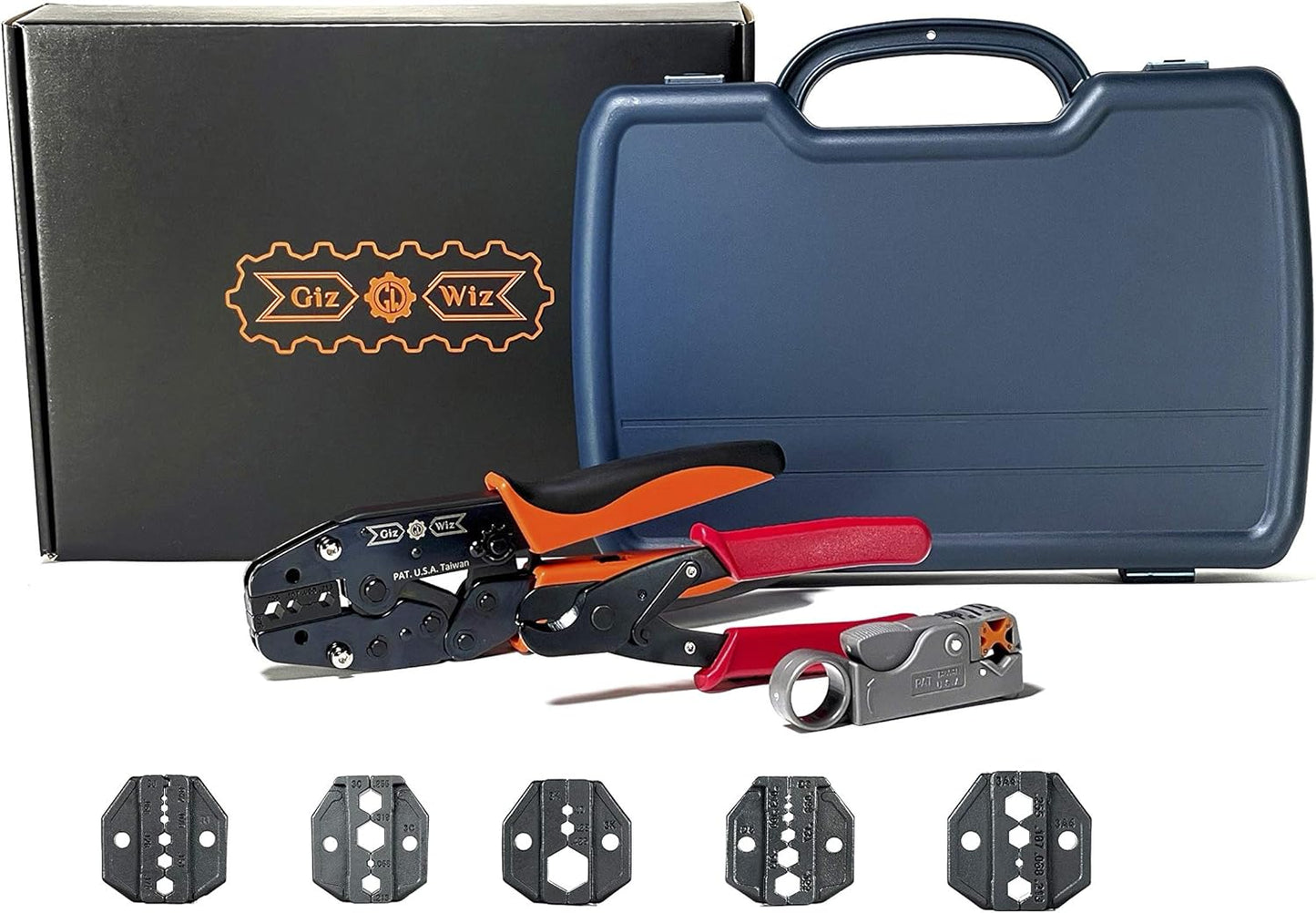 Professional All-In-One RF Coax Quick Change Tool Kit Crimper Cutter Stripper 5 Interchangeable Die Sets