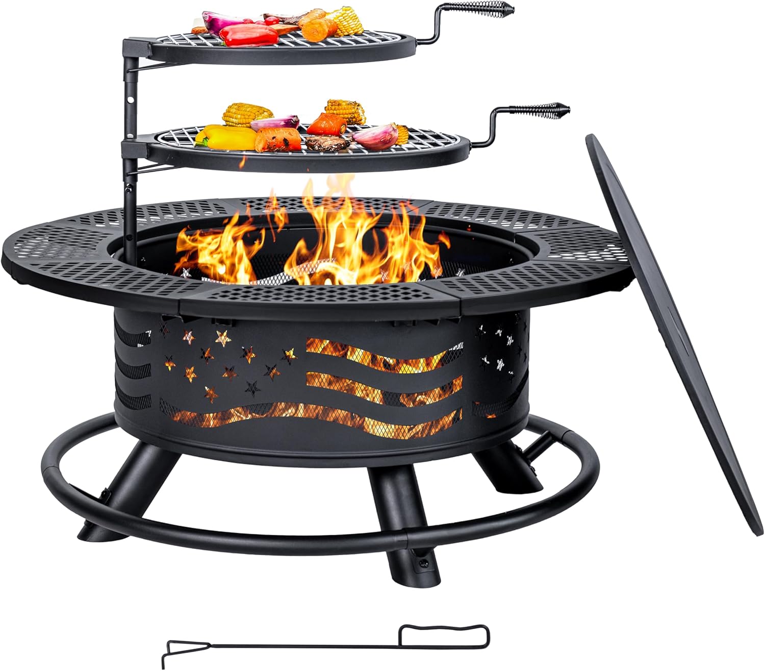 Panovue 36 Inch Fire Pit with 2 Cooking Grates, Outdoor Wood Burning BBQ Grill Firepit Bowl with Cover Lid, Steel Round Table for Backyard Bonfire Patio Picnic (Black, 36IN)