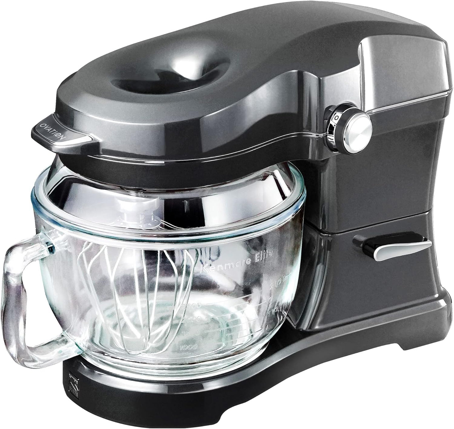 Kenmore 500W Oviation Stand Mixer - 10 Speed Mixing, Tilt-Head, 5QT Handheld Glass Bowl With Pouring Top Splash Guard, Flat Beater, Whisk, Dough Hook Attachments Countertop Kitchen Appliance, Grey