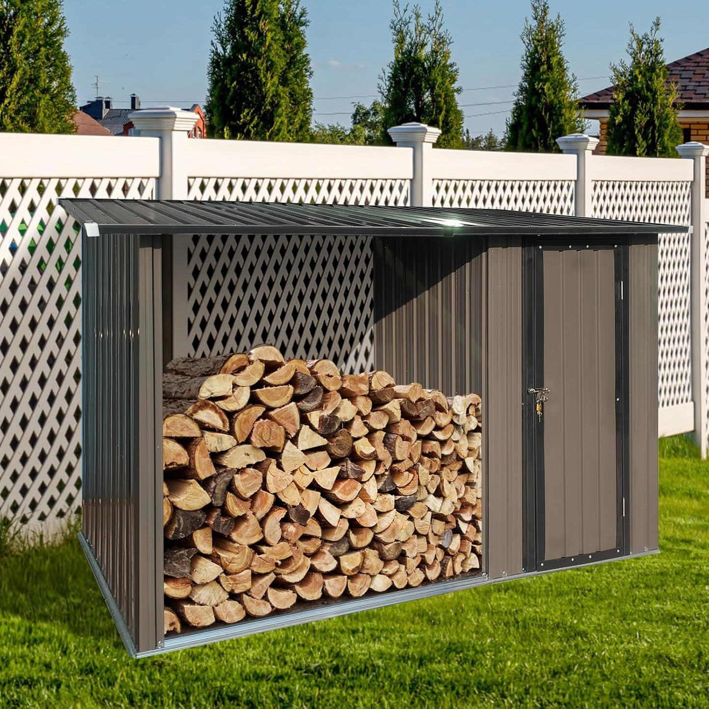 Outdoor Metal Firewood Rack and Storage Shed Two in One Function Heavy Duty Galvanized Steel Construction Sloped Roof Design for Efficient Water Runoff Brown and Black 63 x 31 x 31 Inch