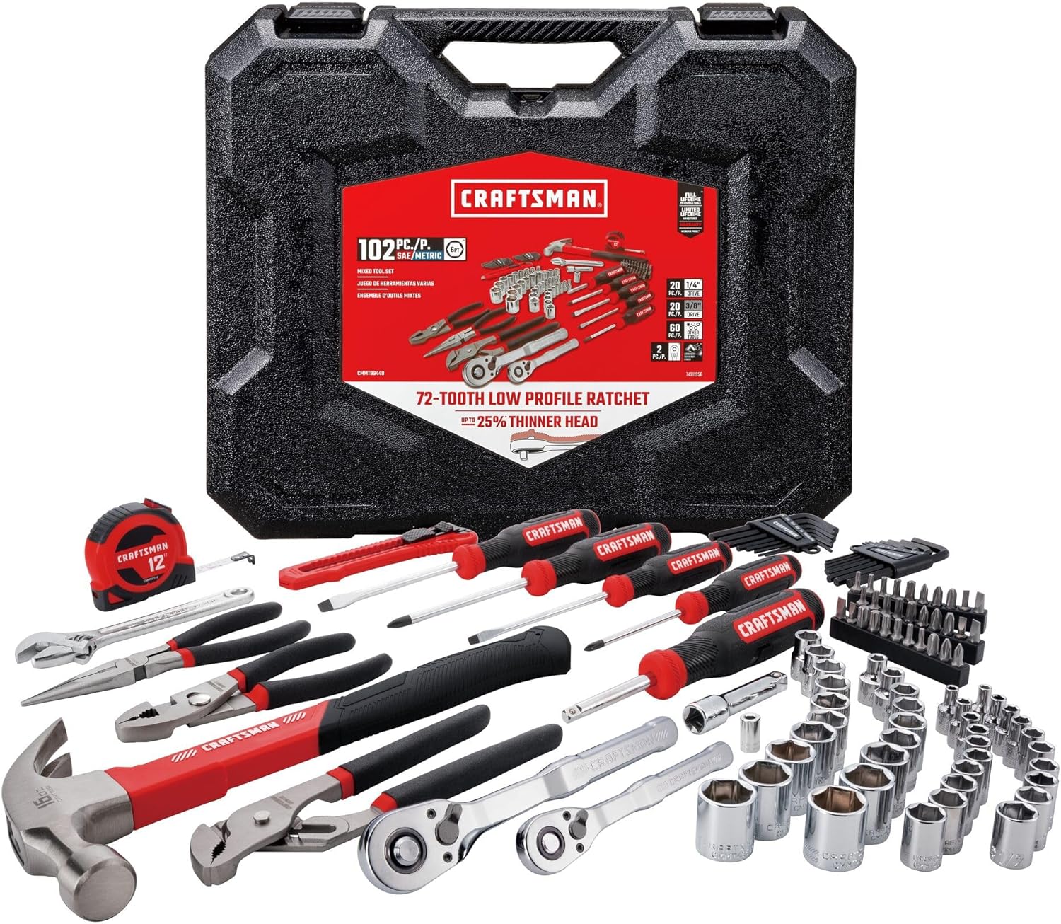 CRAFTSMAN 102-Piece Tool Kit for Home and Car, Durable Hand Tools Set with SAE and Metric Socket Set, Screwdrivers, Wrench, Hammer, Pliers, Knife, Hex Keys, Specialty Bits, Tape Measure (CMMT99449)