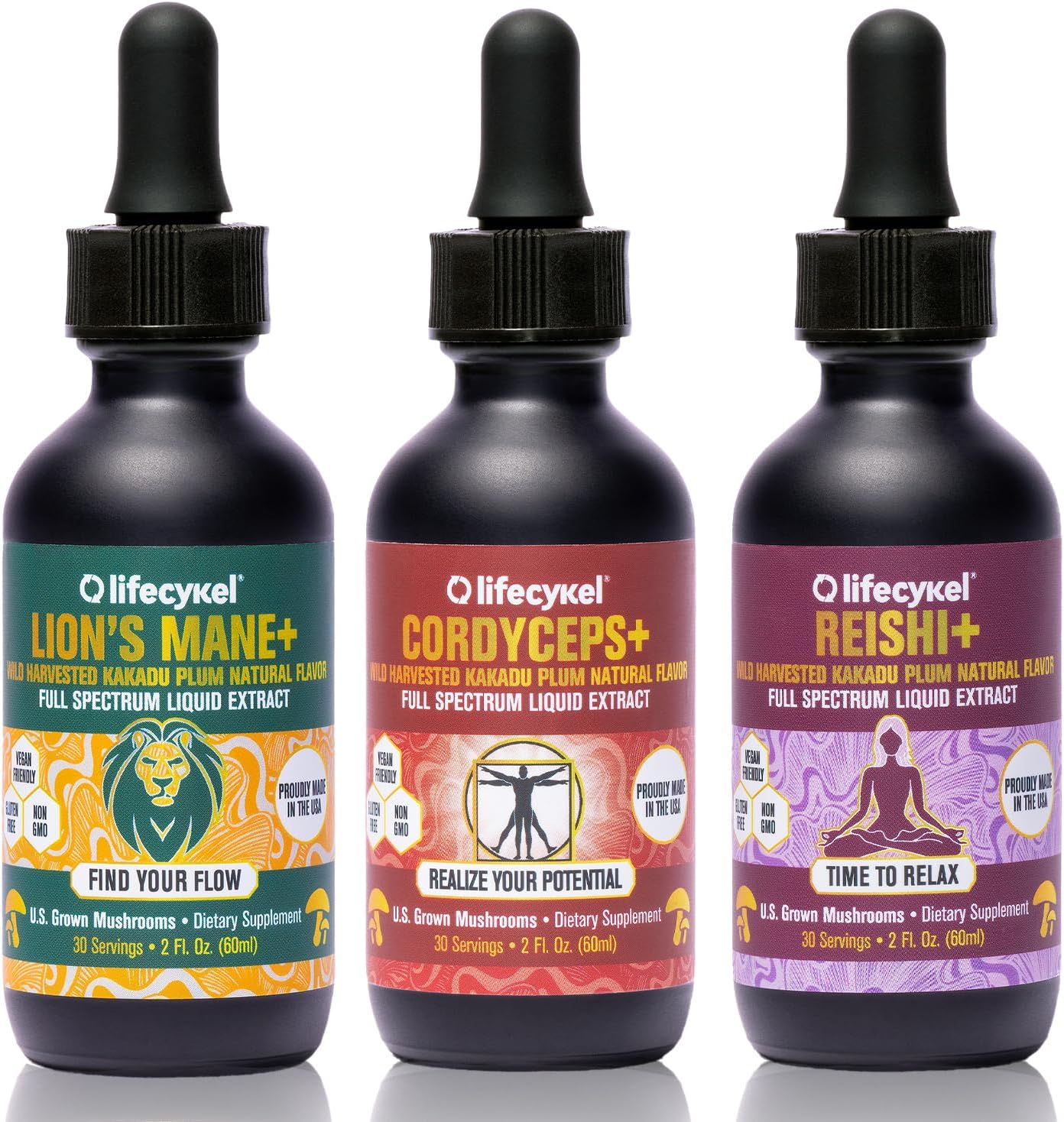 Life Cykel Professional Athletes Pack - Reishi, Lions Mane & Cordyceps Mushroom Extract- Full-Spectrum Mushroom Tincture for Energy, Focus and Immune Health- Vegan, Non-GMO Formula