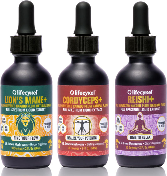 Life Cykel Professional Athletes Pack - Reishi, Lions Mane & Cordyceps Mushroom Extract- Full-Spectrum Mushroom Tincture for Energy, Focus and Immune Health- Vegan, Non-GMO Formula