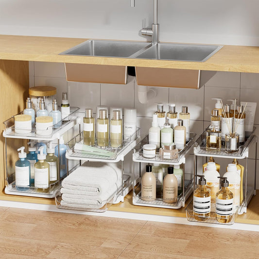 Delamu 4 Sets of 2-Tier Multi-Purpose Bathroom Under Sink Organizers and Storage, Stackable Kitchen Pantry Organization, Pull Out Medicine Cabinet Organizer with 8 Movable Dividers