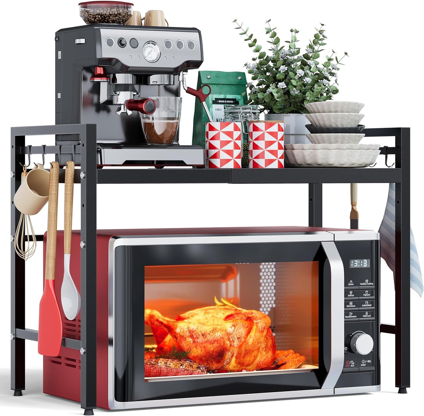 NETEL Expandable Microwave Stand,2 Tier Metal Kitchen Countertop Organizer Shelves with 8 Hooks,Bakers Rack,Microwave Shelf,Microwave Oven Rack,55lbs Weight Capacity