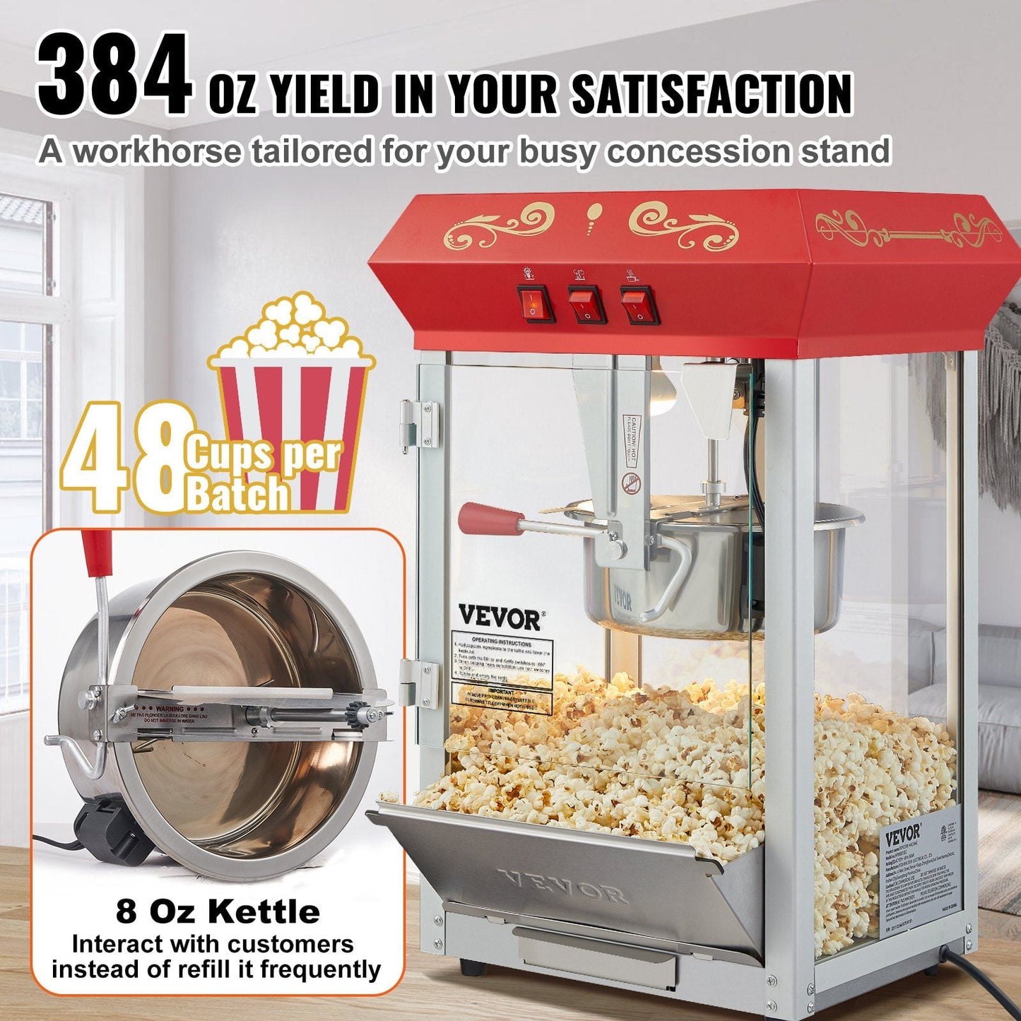 850W Popcorn Popper Machine, 8 Oz Capacity, Makes 48 Cups, Red Countertop Popcorn Maker for Parties