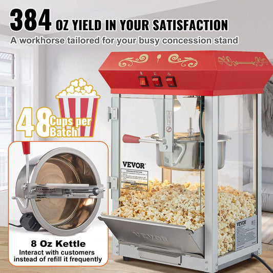 850W Popcorn Popper Machine, 8 Oz Capacity, Makes 48 Cups, Red Countertop Popcorn Maker for Parties
