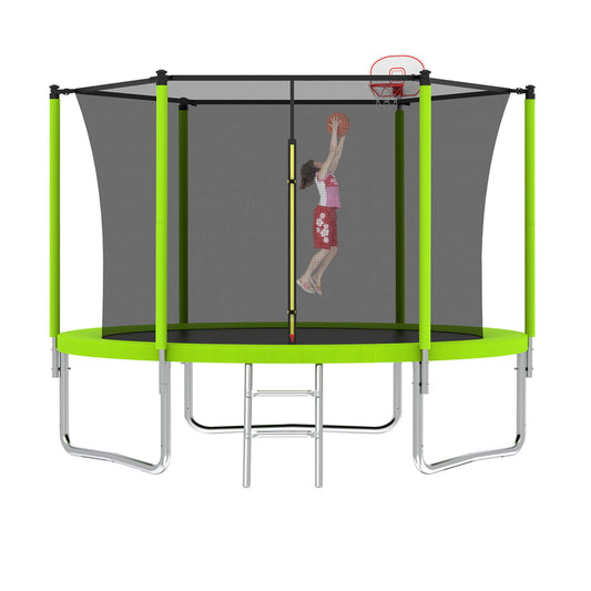 8FT Trampoline for Kids,Outdoor Trampoline with Basketball Hoop,Heavy-Duty Trampoline with Safety Enclosure Net,Green