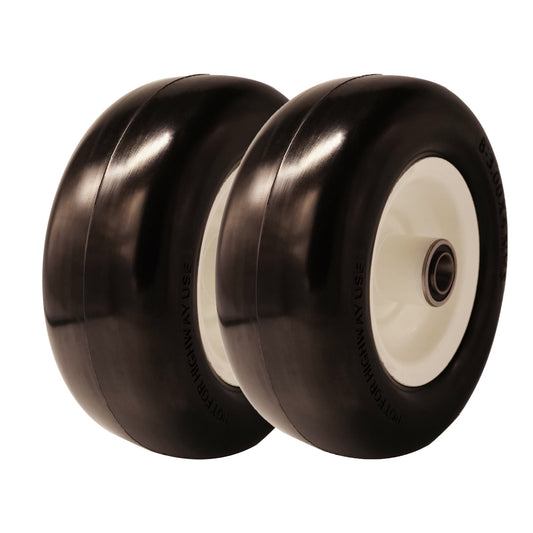 8x3.00-4 Flat Free Tire with 3/4 & 5/8 Bearings, 3.25-4.75” Center Hub Solid Wheel Replacement for Walk-Behind Mower, Flat Free Smooth Tire and Wheel Lawn Mowers & Garden, Set of 2