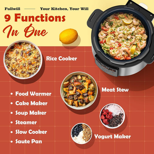 9-in-1 Multi-Function Electric Pressure Cooker with 12 Presets, 6qt, Fast & Safe Cooking
