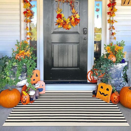 KOZYFLY 3'x5' Cotton Area Rug, Black and Beige Striped Outdoor Rug, Hand-Woven, Machine Washable, Perfect for Front Door, Kitchen, Living Room
