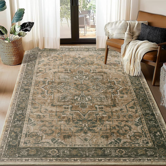 Jainmy Vintage Distressed 5x7 Area Rugs for Living Room Bedroom Non Slip Washable, Medallion Pattern Printed Low Pile Thin Carpet Rugs for Dining Room\/Kitchen\/Home Office, Multi Brown\/Green
