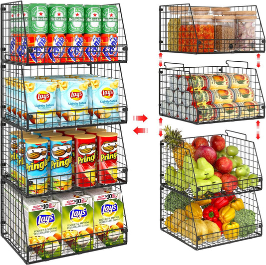 Jakyitvi 4 Pack XXL Stackable Wire Storage Basket, Extra Large Capacity Pantry Organizer and Storage, Muti-Purpose for Vegetable Fruit Basket & Can Organizer & Snack Rack & Metal Pantry Bin