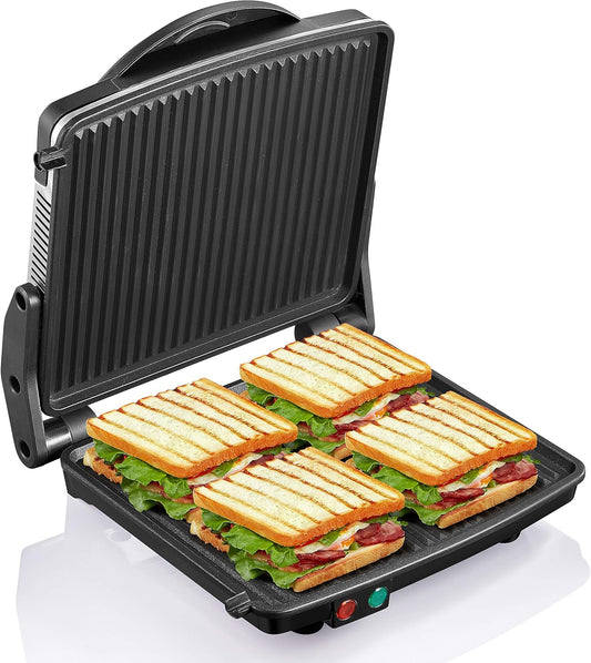 Panini Press Grill, Yabano Gourmet Sandwich Maker Non-Stick Coated Plates 11" x 9.8", Opens 180 Degrees to Fit Any Type or Size of Food, Stainless Steel Surface and Removable Drip Tray, 4 Slice