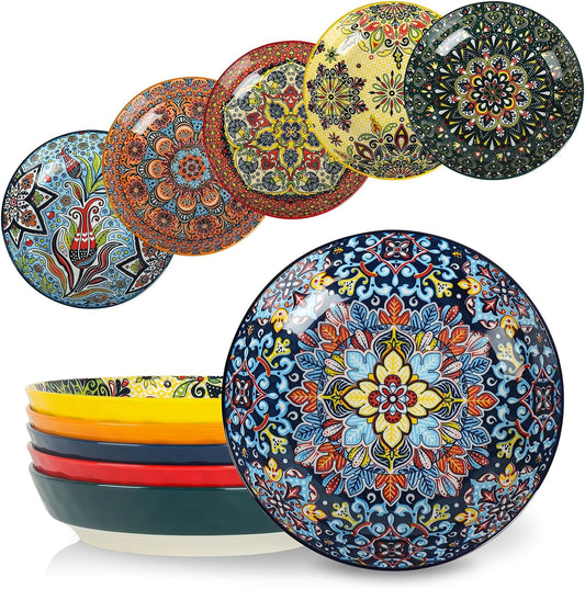 KitchenTour Pasta Bowls Set of 6-30 oz Large Wide & Shallow Serving Bowl, Colorful Ceramic Salad Bowls for Everyday Dining - 8.2 Inch, Microwave and Dishwasher Safe, Bohemian Style
