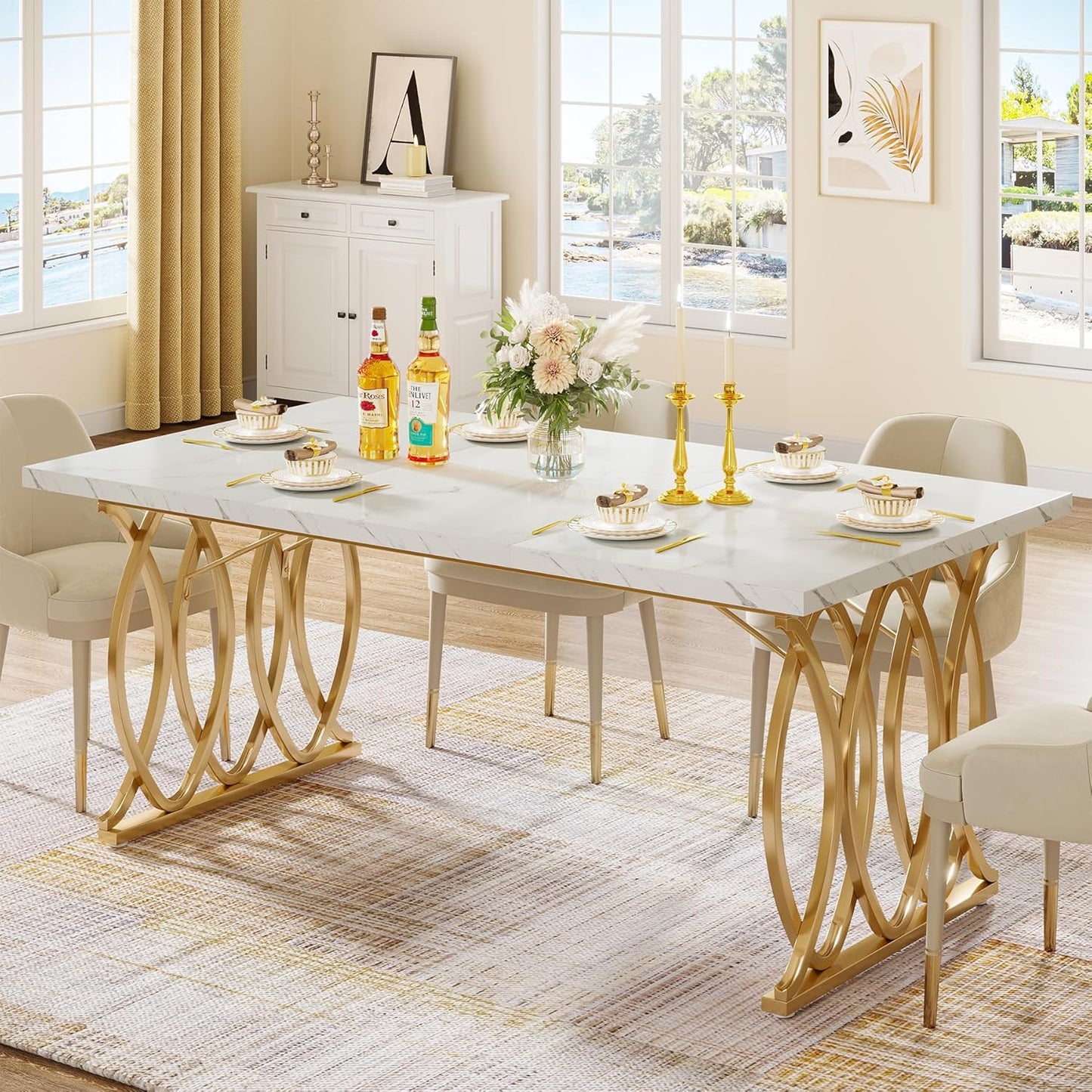 Tribesigns Modern Dining Table, 63" Large Kitchen Table for 4-6 People, Unique Rectangular Dinner Table Kitchen & Dining Room Furniture with Faux Marble Tabletop and Geometric Legs