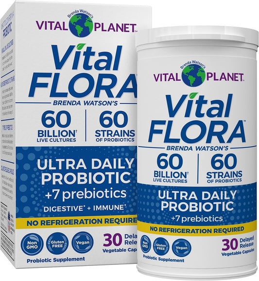 Vital Planet - Vital Flora Ultra Daily Probiotic 60 Billion CFU, 60 Diverse Strains, 7 Organic Prebiotics, Immune Support, Digestive Health Shelf Stable Probiotics for Women and Men 30 Capsules