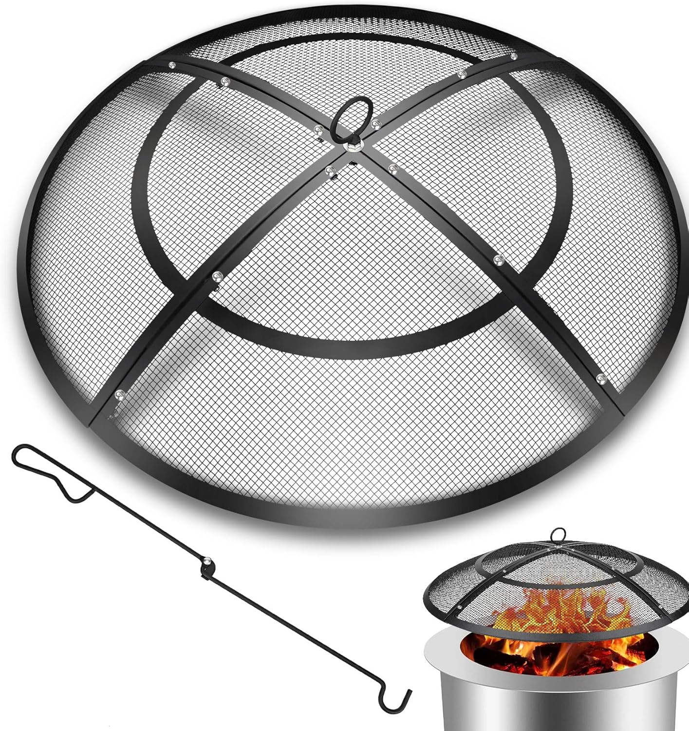 Fire Pit Spark Screen,36 Inch Fire Pit Screen Cover Outdoor with Handle&Poker,Heavy-Duty Steel Firepit Screens Cover Round Mesh Replacement for Backyard\/Beach\/RV Camping