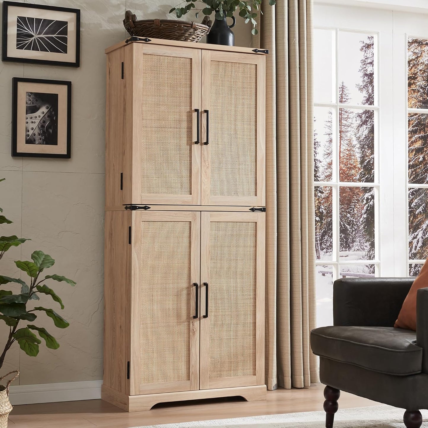 ACCOHOHO 72" Tall Kitchen Pantry with Natural Rattan Doors, Storage Cabinet with Organizer, Drawer and Adjustable Shelves, Wicker Cupboard for Kitchen, Dining Room, and Hallway, Natural Oak
