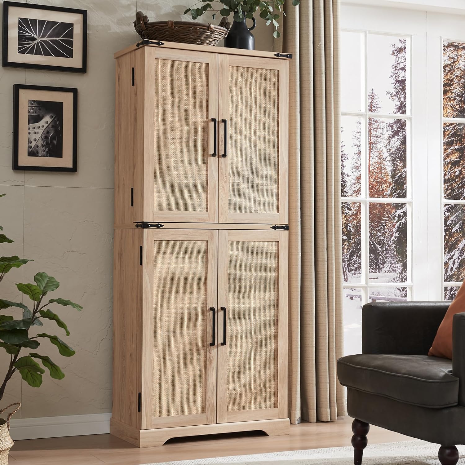 ACCOHOHO 72" Tall Kitchen Pantry with Natural Rattan Doors, Storage Cabinet with Organizer, Drawer and Adjustable Shelves, Wicker Cupboard for Kitchen, Dining Room, and Hallway, Natural Oak