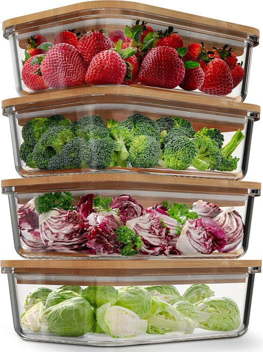 Glass Food Storage Containers with Bamboo Lids (4 Pack, 36 Ounce) Eco Friendly Meal Prep Containers Airtight – Plastic Free, BPA Free