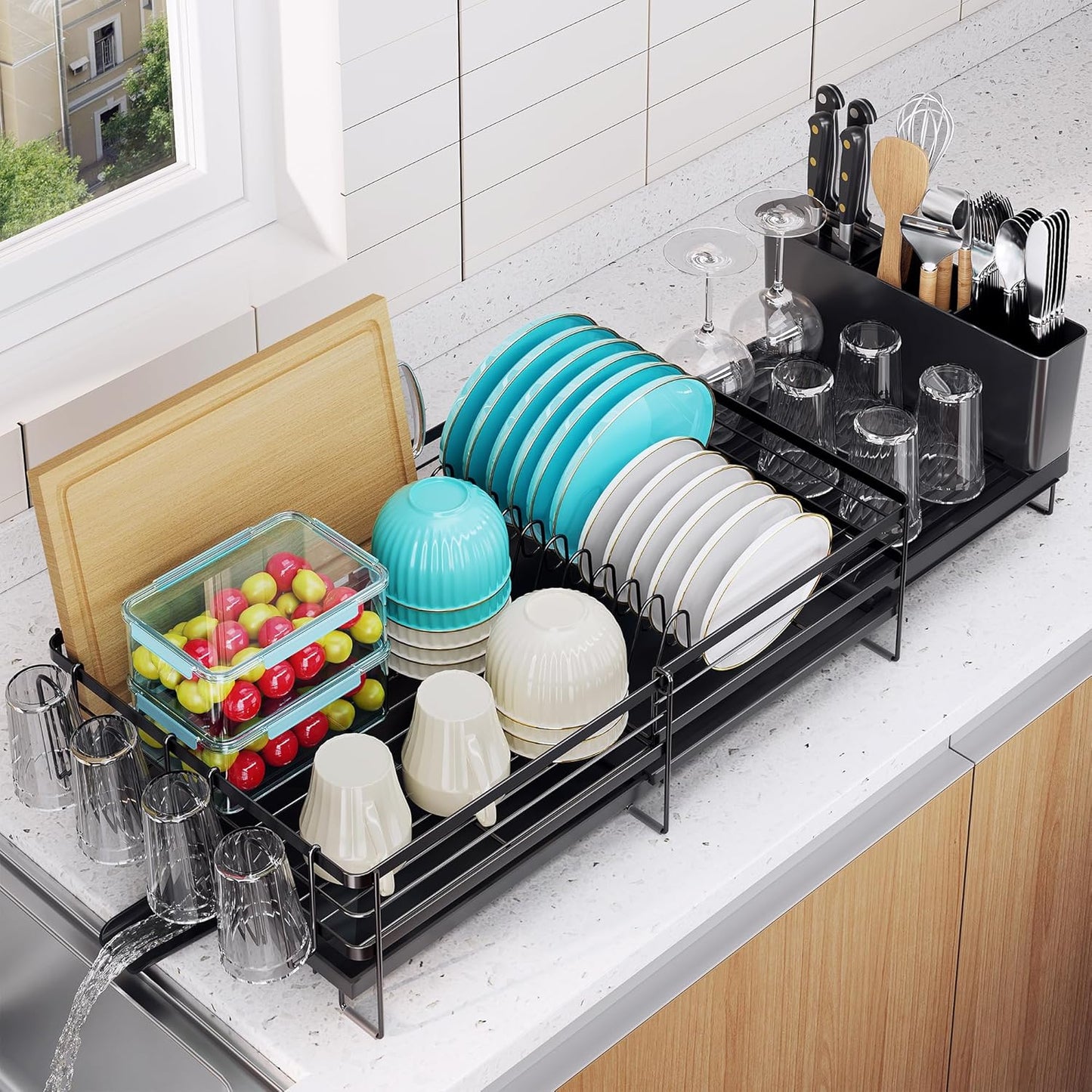 Pantasia Large Dish Drying Rack - Extendable Dish Rack for Kitchen Counter, Multifunctional Dish Drainer with Drainboard Set, Dishrack with Utensil Holder & Cup Holder, 13.4"-28.7" L x 11.8" W, Black