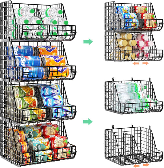 Stackable Soda Can Organizer Stores Up to 72 Cans, 4-Pack Can Storage Organizer for Pantry Shelves, 4-Tier Kitchen Can Holders with 4 Adjustable Dividers, Wire Drink Organizer for Pantry Cabinet Shelf