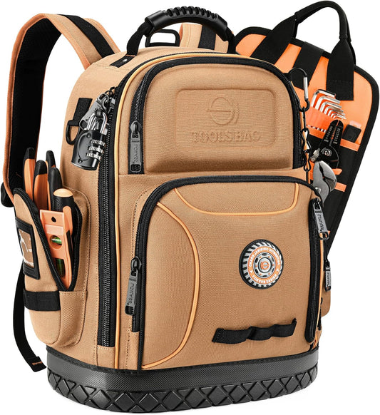 Backpack Tool Bag Heavy Duty, Electrician Tool Backpacks for Men HVAC Construction Work, 75 Pockets & Loops Tools Organizer with Portable Tool Carrier, Durable Molded Base & Combination Lock - Brown