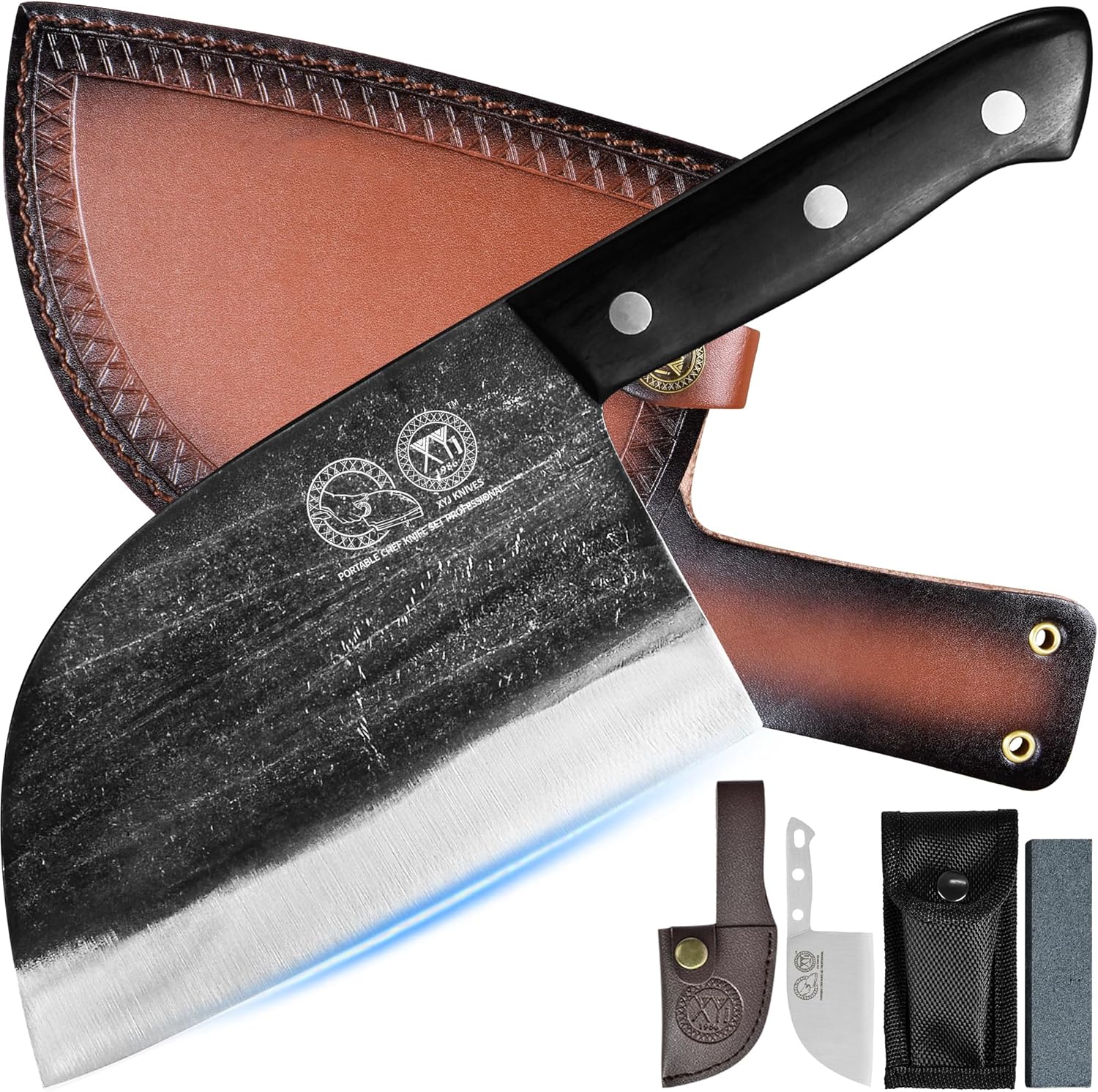 XYJ Authentic Since 1986,Outstanding Ancient Forging,6.7 Inch Full Tang,Serbian Chefs knife,Chef Meat Cleaver,Kitchen Knives,Set with Leather Sheath,Take Carrying,Butcher