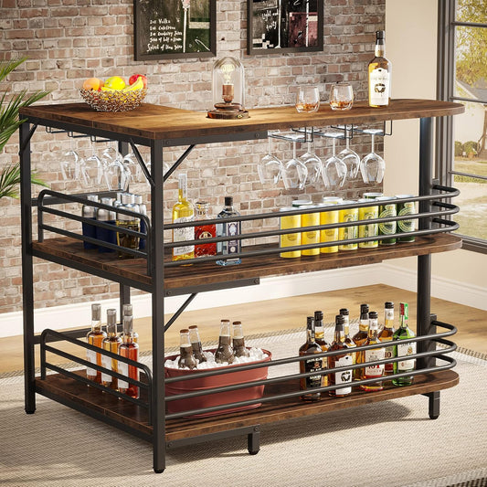Tribesigns L-Shaped Home Bar Unit, 3 Tier Liquor Table With Storage Shelves and Wine Glasses Holder, Industrial Corner Wine Cabinet Mini Bar for Home Kitchen Pub, Rustic Brown