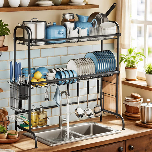 MOUKABAL Dish Drying Rack - Stainless Steel Over The Sink Dish Drying Rack (Expandable Length), 2 Tier Large Dish Rack with Utensil Holder, 32.3" - 33.9"(L) x 11.4"(W) x 32.3"(H) Black