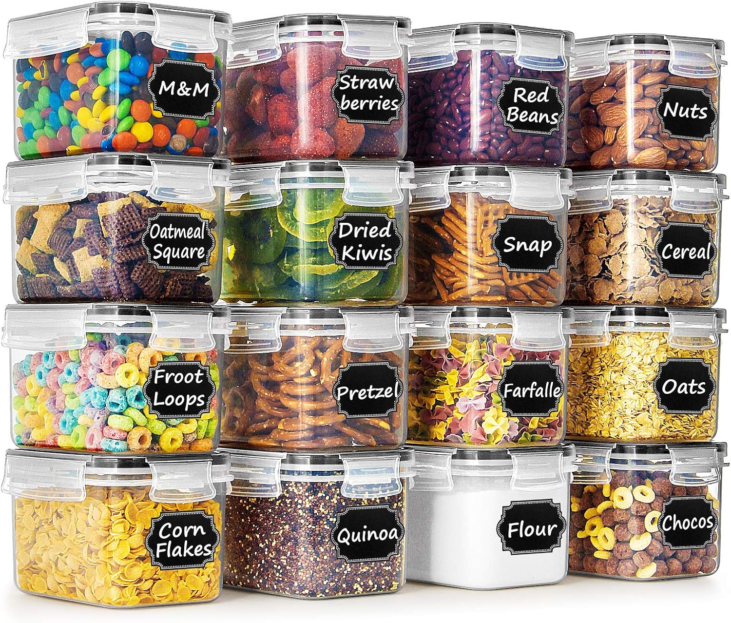 Wildone Cereal & Dry Food Storage Container Set of 16 [0.8L \/3.38 Cups] for Sugar, Flour and Baking Supplies, Airtight Leak-proof & BPA Free, with 20 Labels & 1 Marker