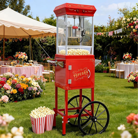 Vintage Popcorn Maker Machine for Home Theater, Family Gatherings, Holiday Parties, or Cinema Commercial Use, with Nostalgia Popcorn Machine Cart, One Touch Pop, 6 Oz Kettle Makes up to 24Cups, Red