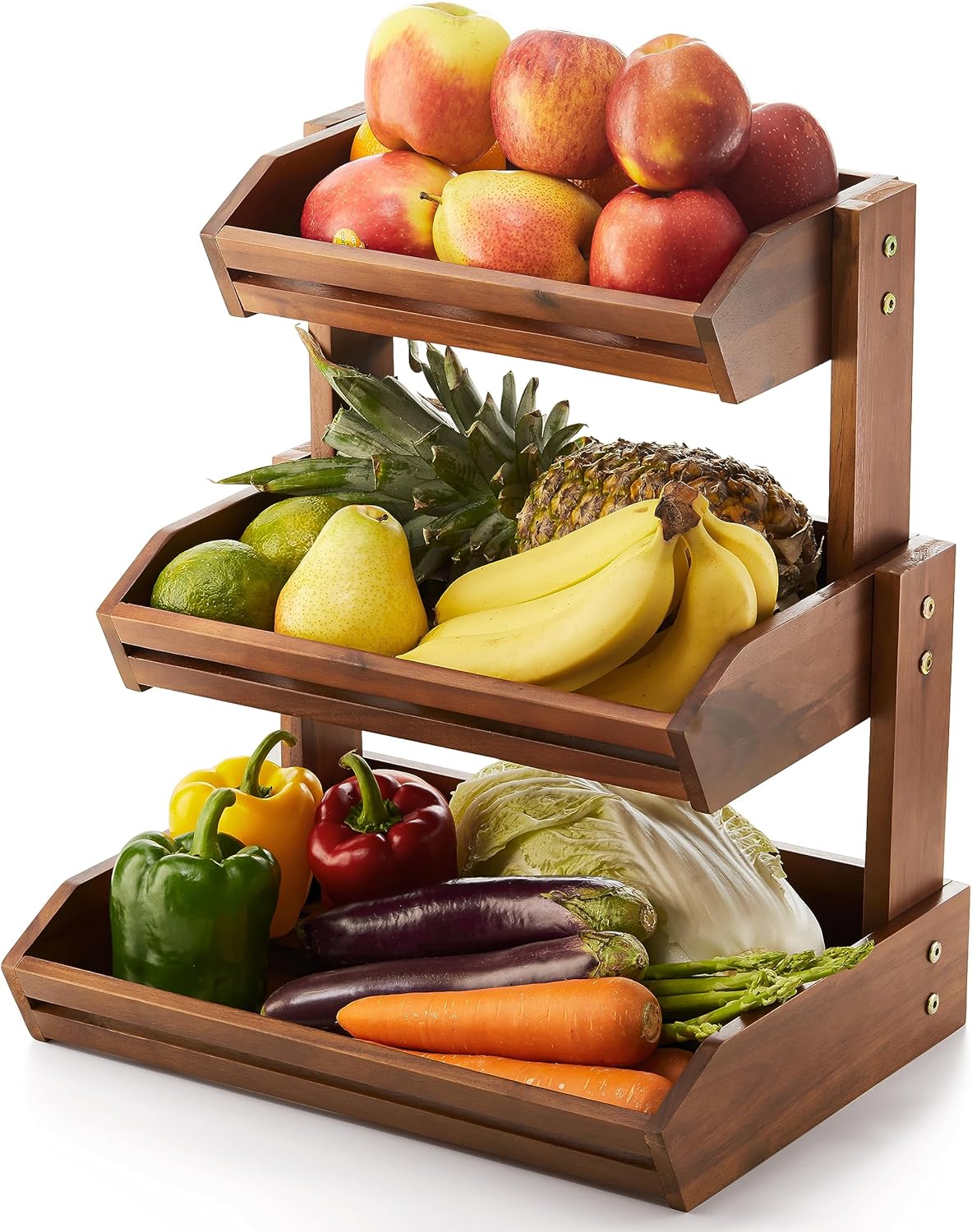 HOLANA Acacia 3 Tier Fruit Basket for Counter \u2013 Wooden Fruit Bowl for Kitchen Counter Organizer & Produce Storage Wooden Basket, Snack Organizer for Countertop, Kitchen Counter Storage (Acacia)
