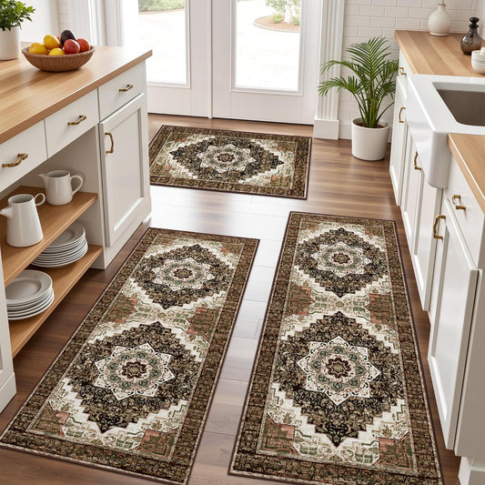 Tritard 100% Non Slip Kitchen Rugs Sets of 3 Washable Boho Kitchen Mats for Floor Vintage Farmhouse Kitchen Rug Soft Runner Rug for Hallway, Laundry Room, Indoor Entryway, Brown